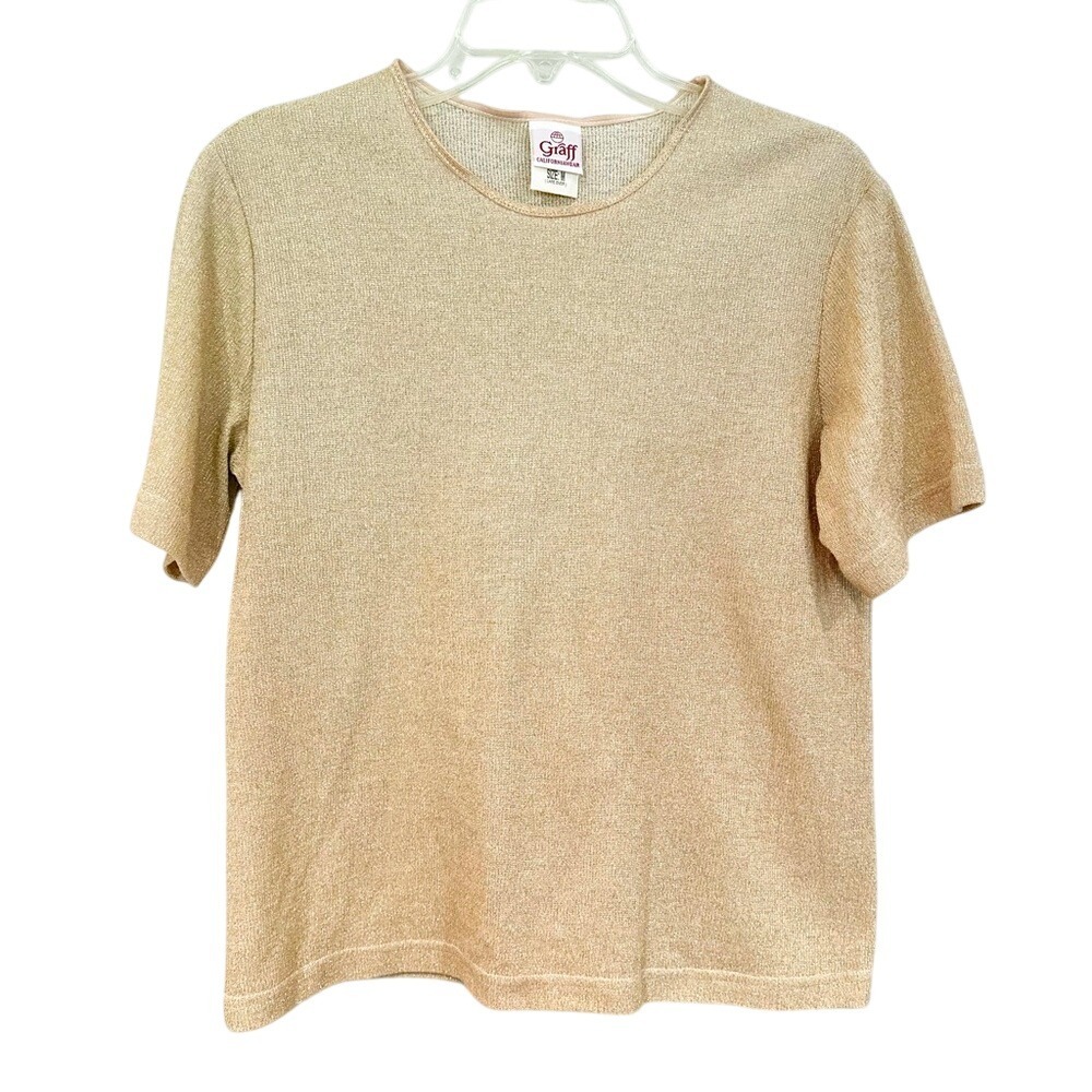 Graff Californiawear Vintage 70s Metallic Short Sleeve Blouse Womens Medium Gold